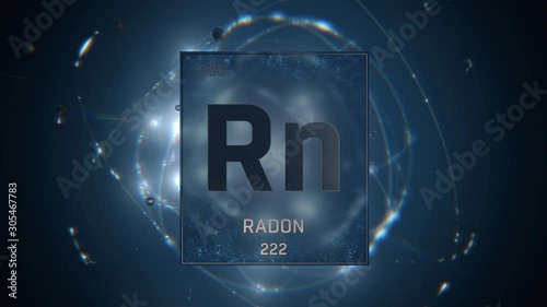 Radon as Element 86 of the Periodic Table. Seamlessly looping 3D animation on blue illuminated atom design background with orbiting electrons. Design shows name, atomic weight and element number