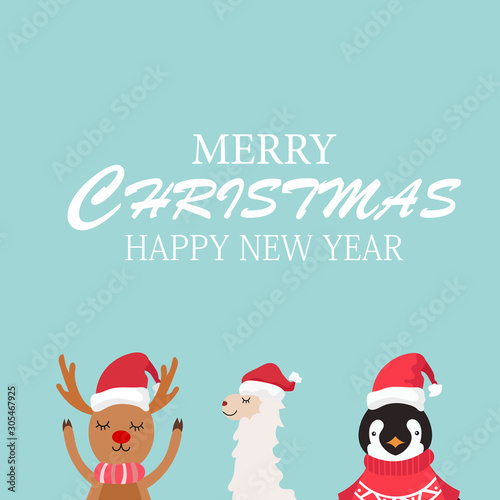 Merry Christmas and happy new year with cute reindeer,llamaand penguin cartoon character vector. © Background_GG