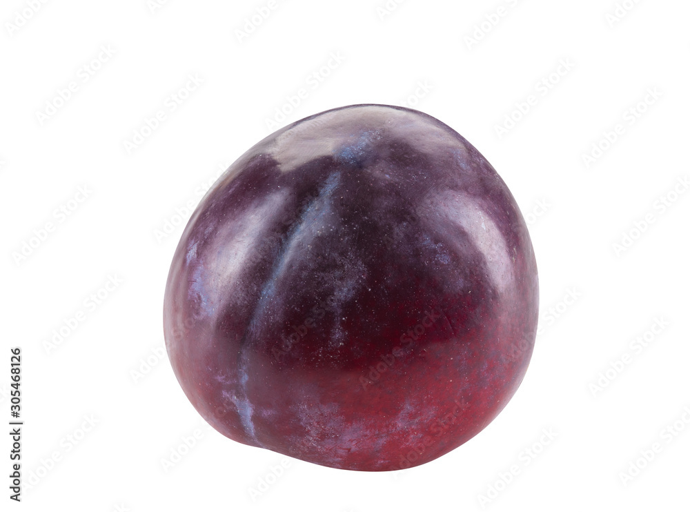 Smooth-skinned, mellow, purple plum fruit isolated on white background with copy space for text or images. Side view. Close-up shot. Smooth-skinned, mellow, purple plum fruit isolated on white background with copy space for text or images. Side view. Close-up shot.