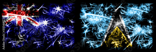 Australia, Ozzie vs Saint Lucia New Year celebration sparkling fireworks flags concept background. Combination of two abstract states flags. © Vlad