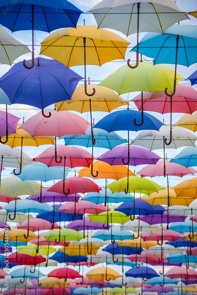Obraz premium Beautiful color umbrellas on the street, selectiv focus. Arcadia part of Odessa, Ukraine