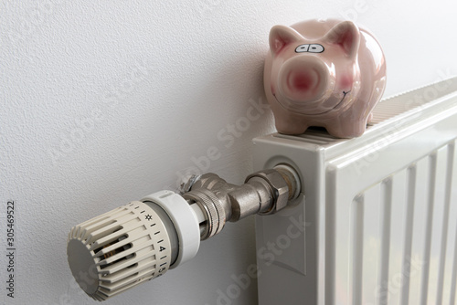 Savings concept. Piggy bank and money on heating radiator with temperature regulator