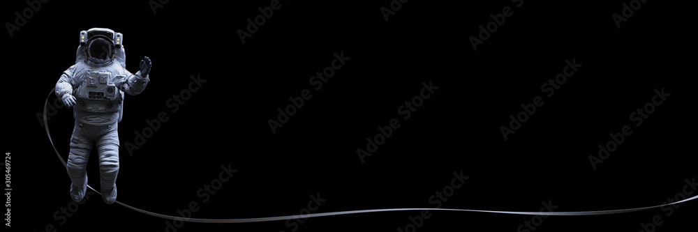 astronaut with safety tether waving, isolated on black background astronaut with safety tether waving, isolated on black background