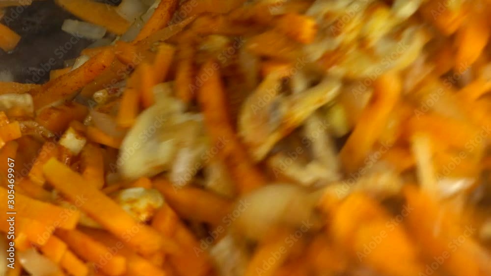 Preparation of champignons mushrooms with onions and carrots. Cast-iron pan. Preparation of champignons mushrooms with onions and carrots. Cast-iron pan.
