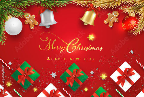 Merry Christmas and Happy New Year.Happy New Year design with realistic festive objects, Bells, garland, green and white gift boxes, ball bauble.