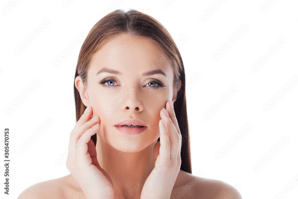 Massage your face. Use face cream and serum. Portrait of young beautiful woman isolated on white. Massage your face. Use face cream and serum. Portrait of young beautiful woman isolated on white.