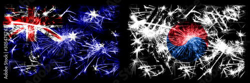 Australia, Ozzie vs South Korea, Korean New Year celebration sparkling fireworks flags concept background. Combination of two abstract states flags. © Vlad