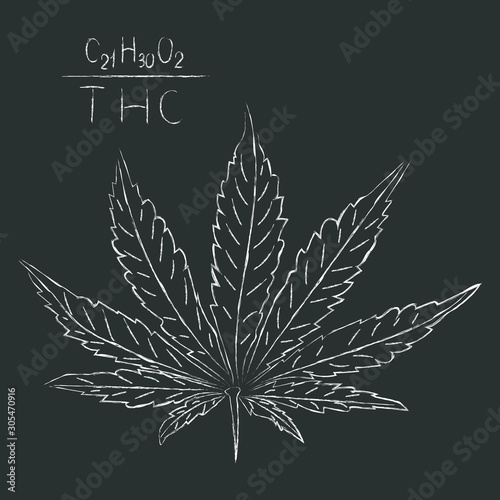 The formula of hemp CBD. Structural model of the molecules of cannabidiol and tetrahydrocannabinol. Medicinal cannabis. Medical marijuana, cannabinoids and health. Drawn in chalk on a gray . Vector