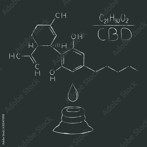 The formula of hemp CBD. Structural model of the molecules of cannabidiol and tetrahydrocannabinol. Medicinal cannabis. Medical marijuana, cannabinoids and health. Drawn in chalk on a gray . Vector