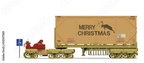 Isolated semi truck trailer sleigh with the wooden container at the parking lot