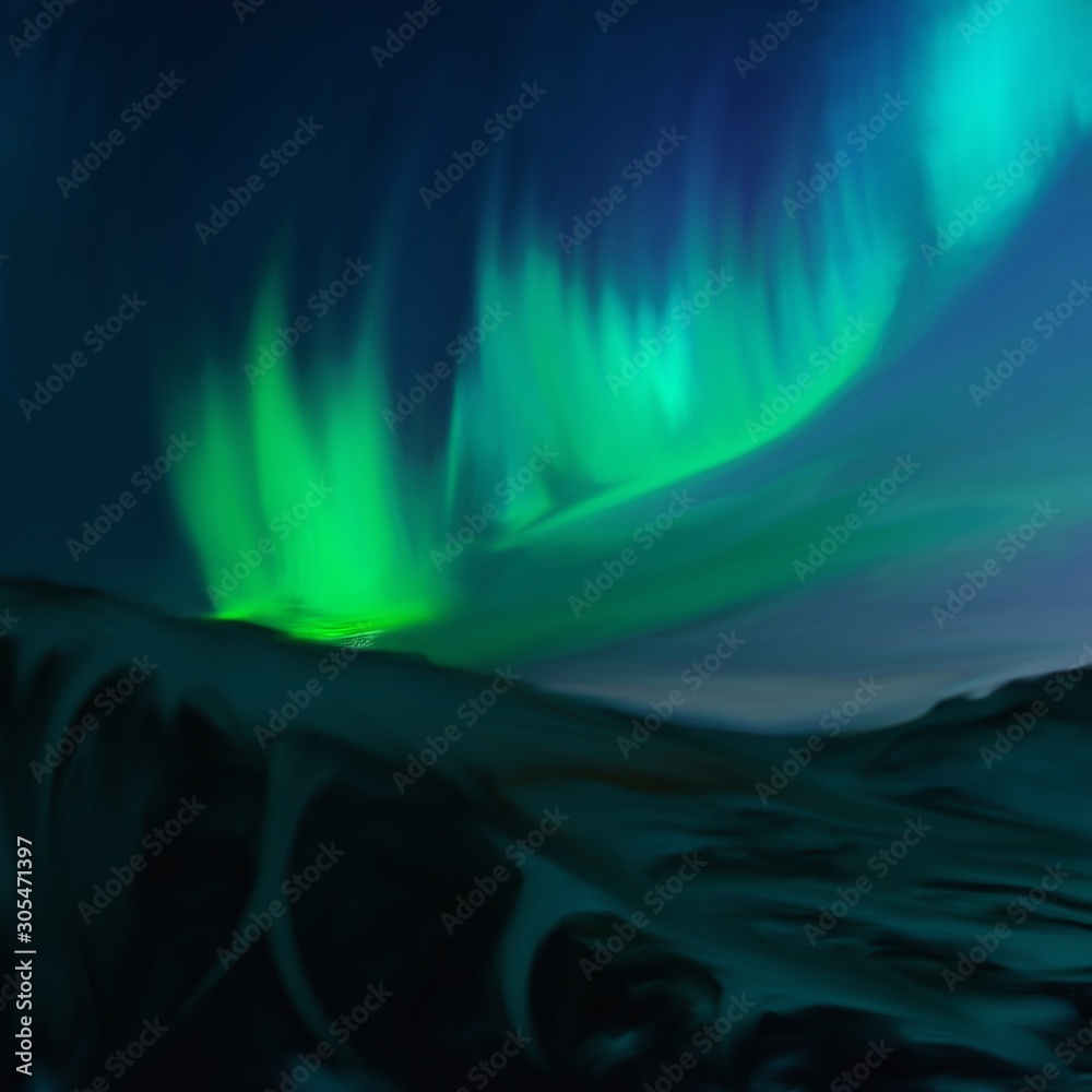 Northern lights in the night sky drawing.