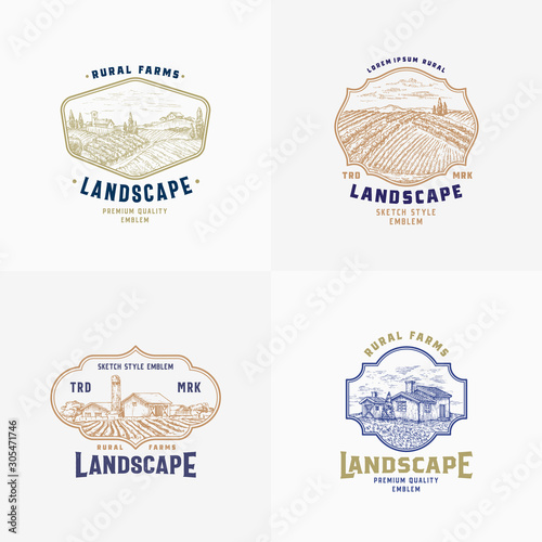 Abstract Vector Rural Farm Signs, Badges or Logo Templates Bundle. Rustic Landscape Sketches in Frames with Retro Typography. Countryside Buildings Vintage Emblems Set.