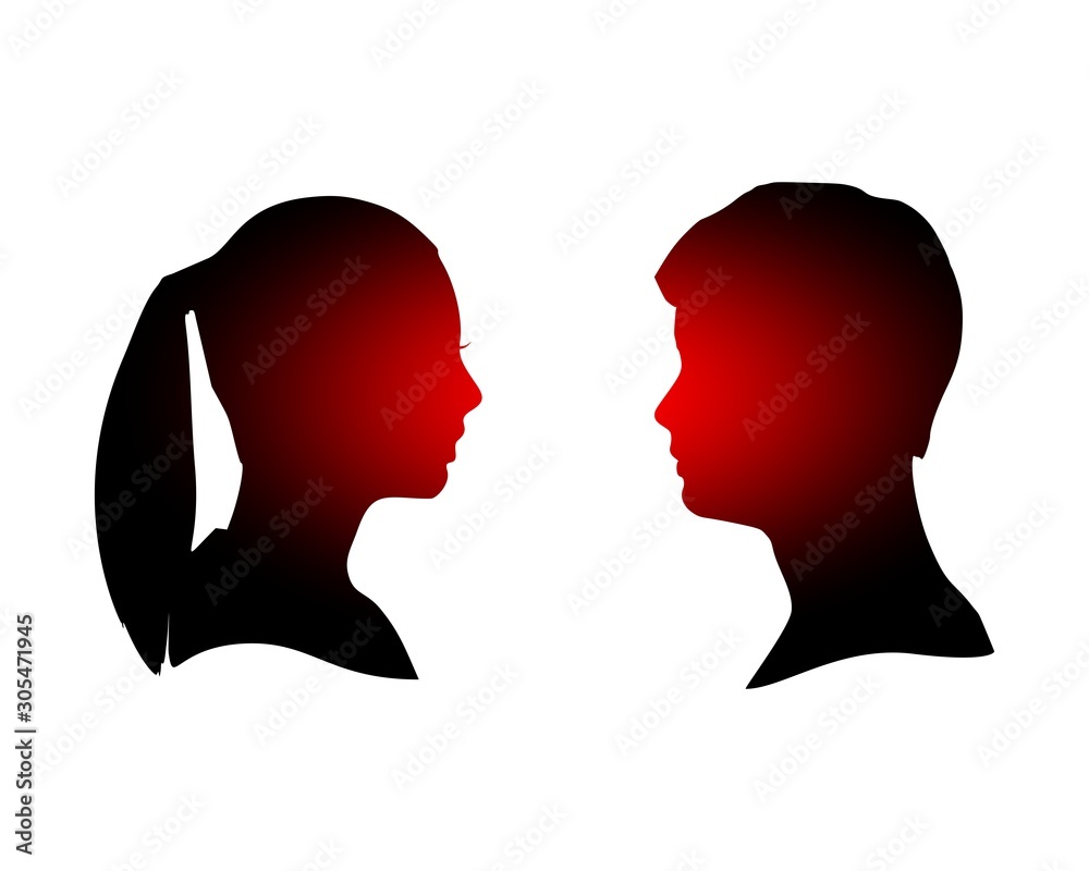 Man and woman silhouettes looking at each other. Happy valentines day and wedding design elements. Side view.