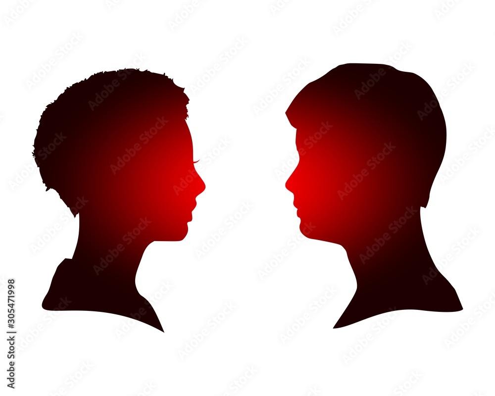 Man and woman silhouettes looking at each other. Happy valentines day and wedding design elements. Side view.