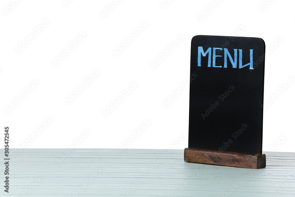 Blank menu on table against white background