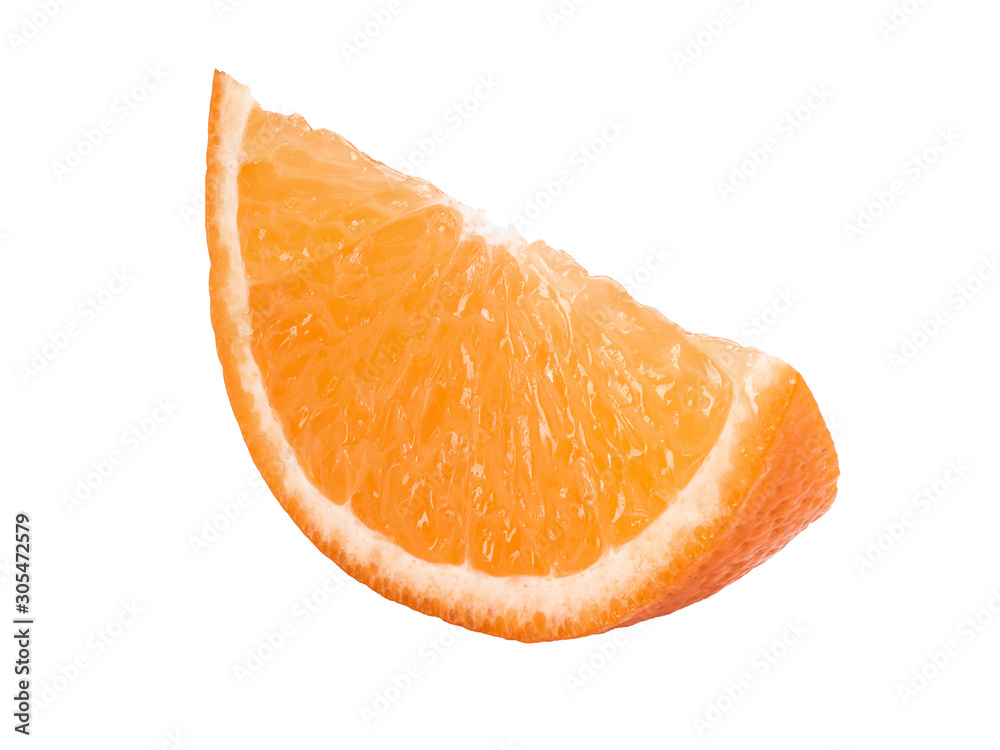 Slice of a ripe orange isolated on white background with copy space for text or images. Fruit with juicy flesh. Side view. Close-up shot. Slice of a ripe orange isolated on white background with copy space for text or images. Fruit with juicy flesh. Side view. Close-up shot.