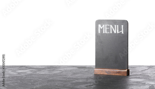 Blank menu on table against white background