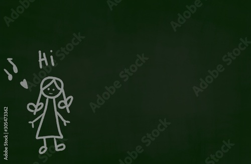 digital paint chalk art minimalism style doodle of a girl say hi with blackboard background photo