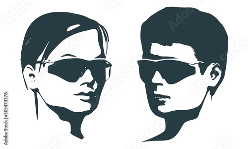 Man and woman silhouettes in black sunglasses. Happy valentines day and wedding design elements. Half turn view.