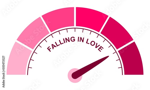 Color scale with arrow from pink to dark pink. The measuring device icon. Sign tachometer, speedometer, indicators. Illustration in flat style. Colorful infographic gauge element. Love meter