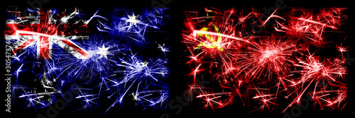 Australia, Ozzie vs USSR, Communist New Year celebration sparkling fireworks flags concept background. Combination of two abstract states flags. © Vlad