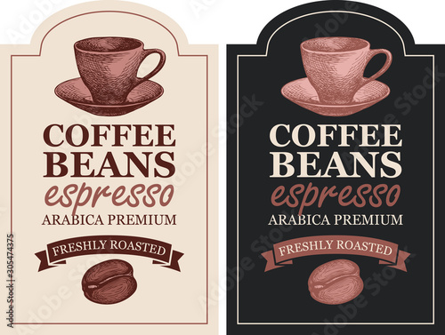 Vector set of labels for freshly roasted coffee beans. Coffee labels with hand-drawn coffee bean, cup and ribbon in retro style with inscription Espresso in figured frame.