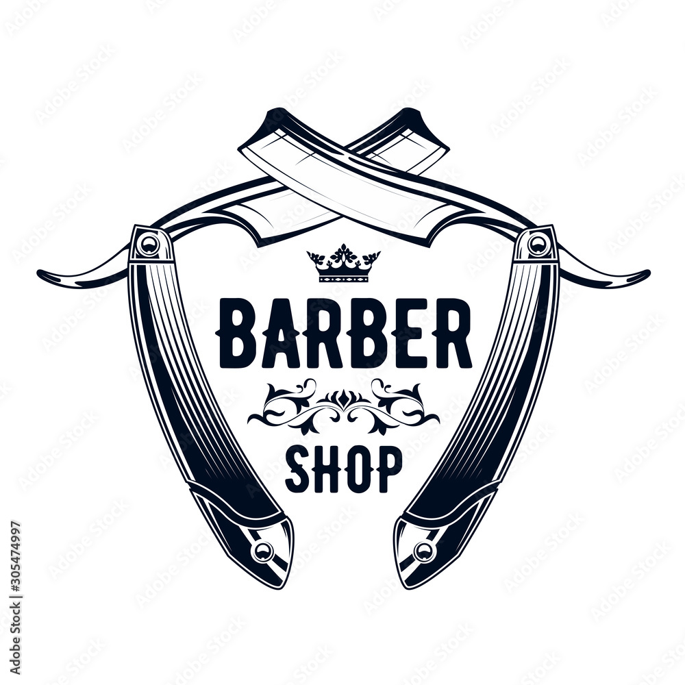 Vintage emblem old straight razor, barber shop logo Stock