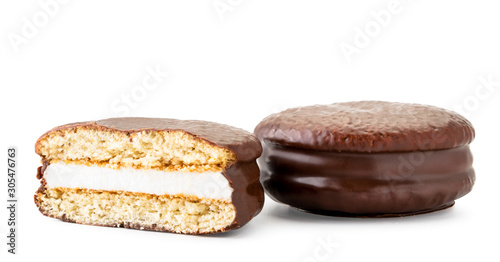 Cookies in chocolate and half, choco pie on a white background. Isolated