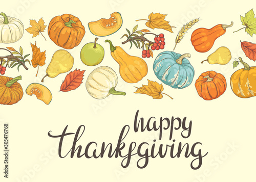 : Happy Thanksgiving Greeting Card with Pumpkins, Apples, Pears and Autumn Foliage