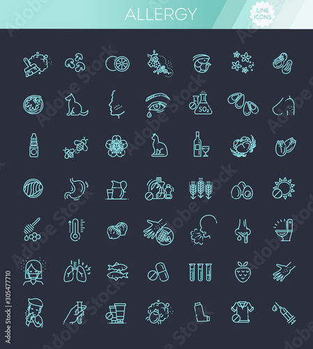 Vector set line icons of allergy. Food and Pollen
