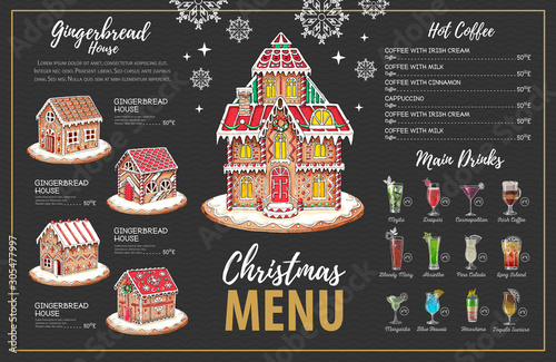 Christmas menu design with sweet gingerbread house and christmas cocktails