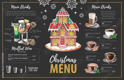 Christmas menu design with sweet gingerbread house, coffee and christmas cocktails