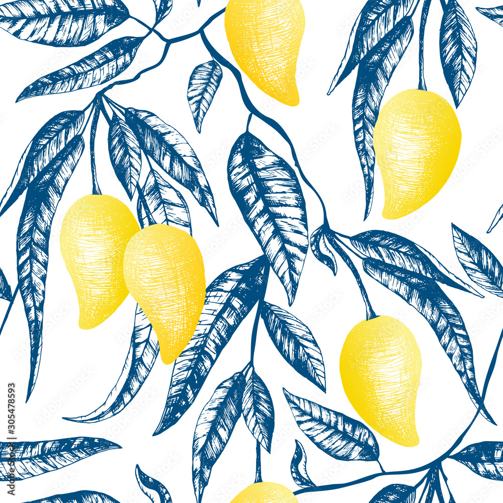 Vector seamless pattern with yellow mangoes fruits on the tree. Hand ...