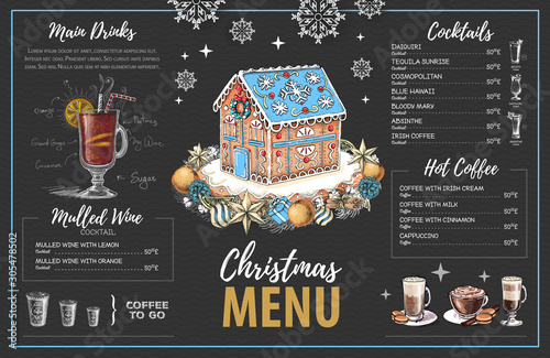 Christmas menu design with sweet gingerbread house, coffee and christmas cocktails