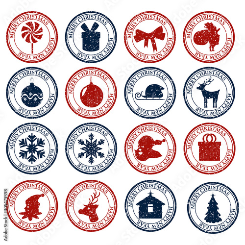 Merry Christmasand Happy New Year set dirty post stamp icon photo