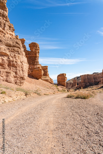 Road through gorge and valley of stones. Charyn canyon. Kazakhstan