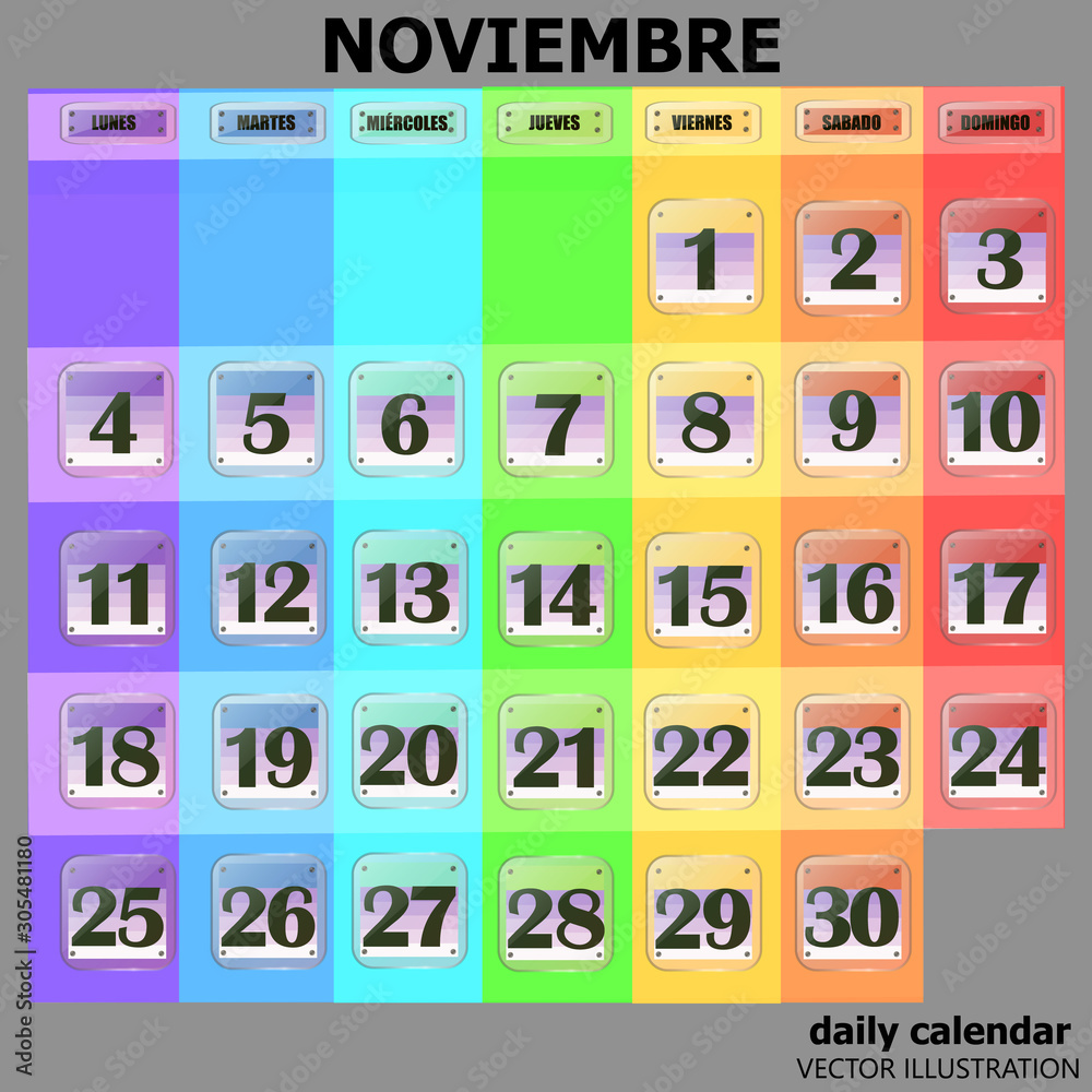 Colorful calendar for November 2019 in spanish. Set of buttons with calendar  dates for the month of November. For planning important days. Banners for  holidays and special days. Vector illustration. Stock Vector |