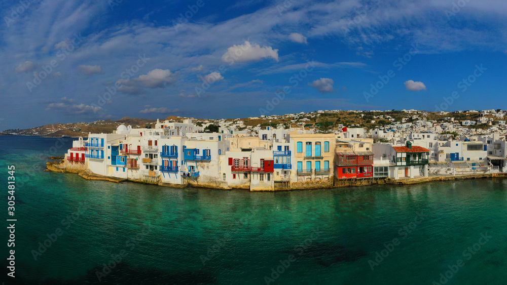 Aerial drone panoramic photo of picturesque little Venice in main village of Mykonos island with beautiful colours, Cyclades, Greece