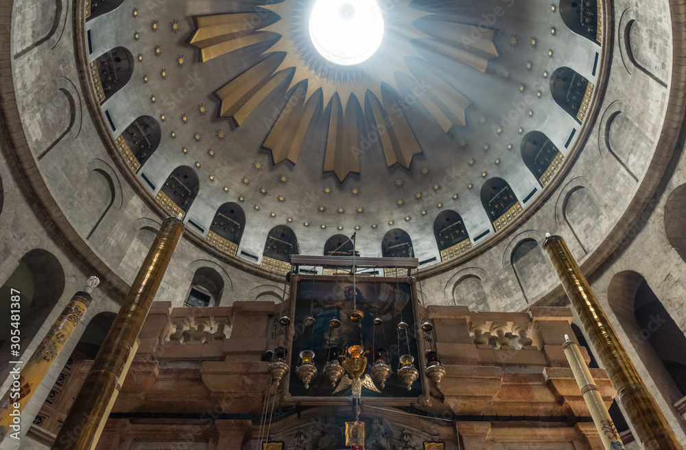 Aedicula where, according to Christian religious tradition, the body of Jesus was buried. The Church of the Holy Sepulchre, the greatest Christian shrine in Jerusalem, Israel