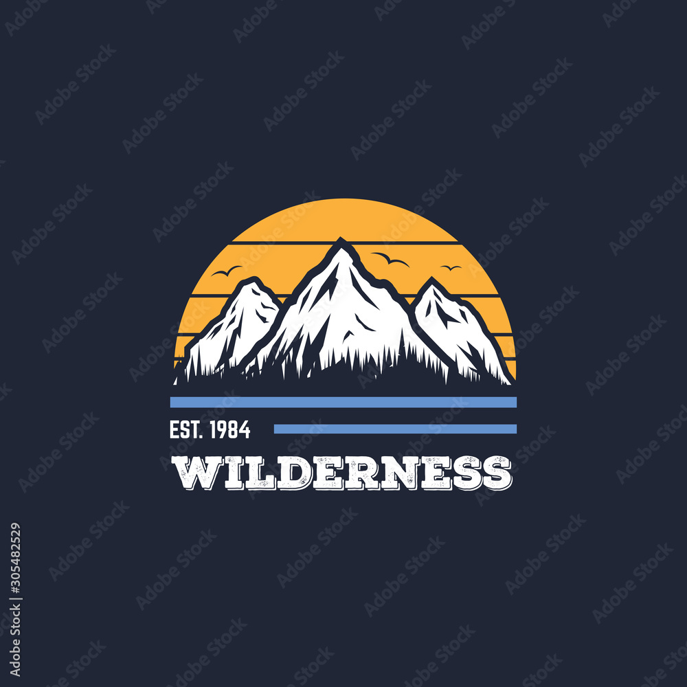 Mountain adventure badge, logo or print for t-shirt design. Travel and camping concept. Text and letters, flying birds, sun and forest on mountain background.