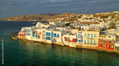 Aerial drone panoramic photo of picturesque little Venice in main village of Mykonos island with beautiful colours, Cyclades, Greece