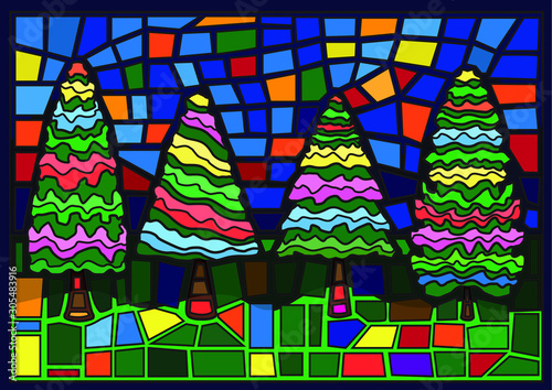 tree pine moses stained glass illustration vector Is a mosaic glass that is used to decorate a picture of a window door