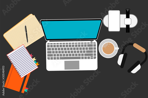 E-learning, education, student's desktop with laptop, books and e-learning items, top view. Vector