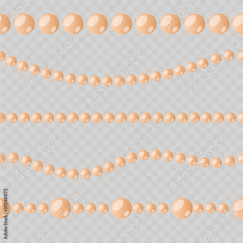 Coral beads on a transparent background. Seamless image. Shiny beads pattern. Flat style. Vector