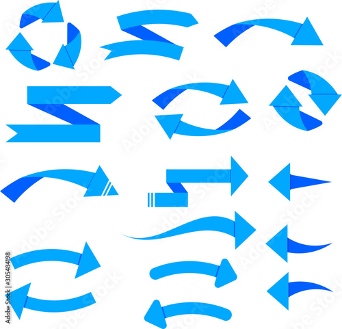 Blue arrows. Directional arrows. Set of icons. Flat style. Vector