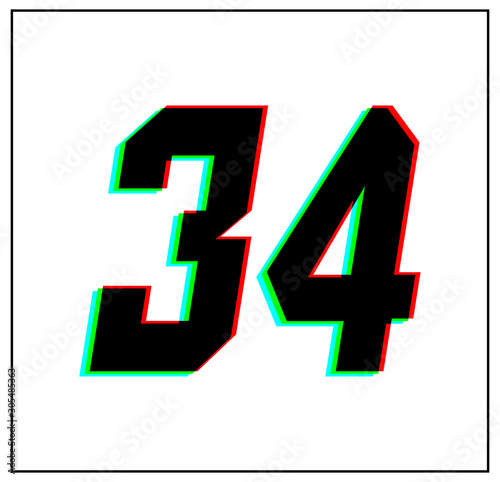 Number 34. Dynamic, split-color design and unique font, shadow of  number blue, green, red. in black thin frame and on white background.  