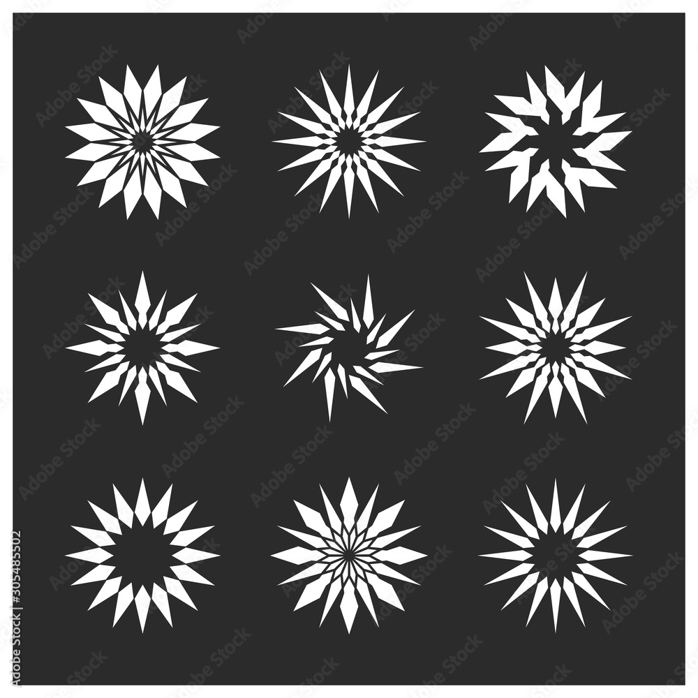 Abstract star shapes symbols. White stars on a black background. Icon vector illustration.