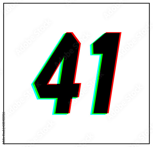 Number 41. Dynamic, split-color design and unique font, shadow of  number blue, green, red. in black thin frame and on white background.  