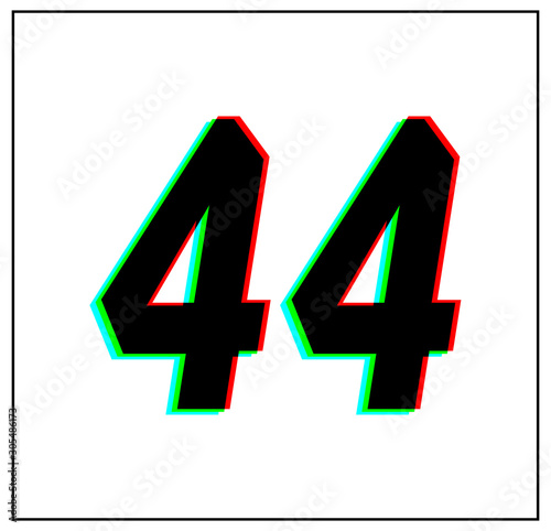 Number 44. Dynamic, split-color design and unique font, shadow of  number blue, green, red. in black thin frame and on white background.  