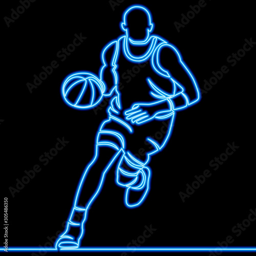 Continuous line basketball player neon concept